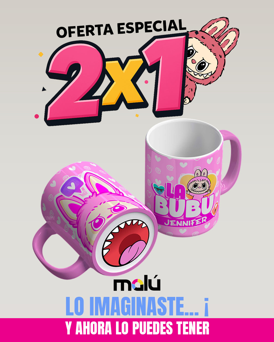 Taza 𝓛𝓪𝓫𝓾𝓫𝓾 Mordida Personalizable ( Compra 1 y lleve otra taza gratis)